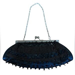 Bijoux Terner Black Satin Wristlet Clutch embellished w/Beads & Sequins 4”x9”